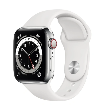 Apple Watch Series 6 GPS + Cellular 40mm Silver Stainless Steel Case with White Sport Band (M02U3, M06T3)